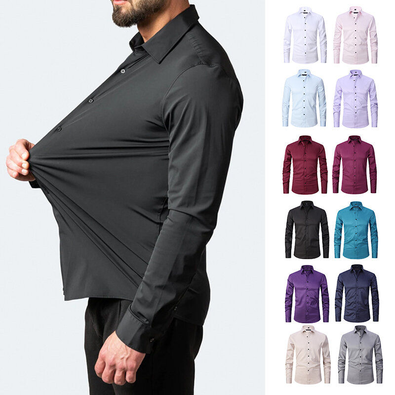Camisa de spandex sem costura de alta elasticidade masculina, manga longa, slim fit, casual, cor sólida, social, vestido formal, plus size, 7XL, 6XL