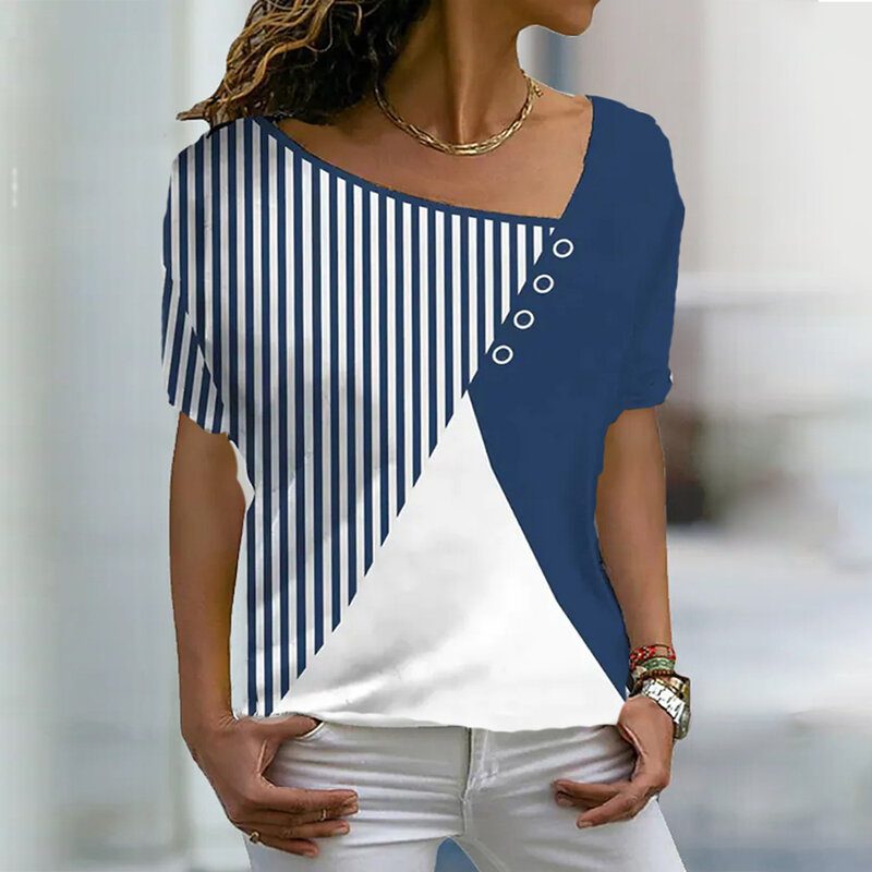 T Shirt Wanita Atasan Gambar Cetak Bergaris Tambal Sulam Pakaian Harajuku Longgar Lengan Pendek Kasual Angin Sederhana Kaus Baru Mode Wanita