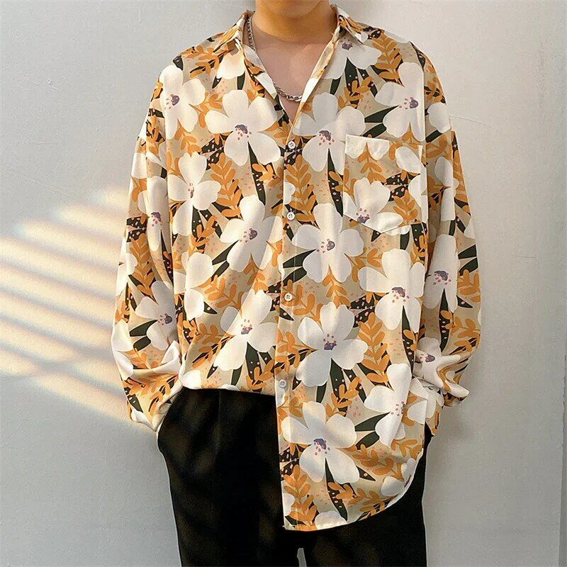 남성용 긴팔 꽃무늬 셔츠, 오버사이즈 루즈핏, 멋지고 다재다능한 레트로 프린트 셔츠 재킷, 용수철 가을 패션