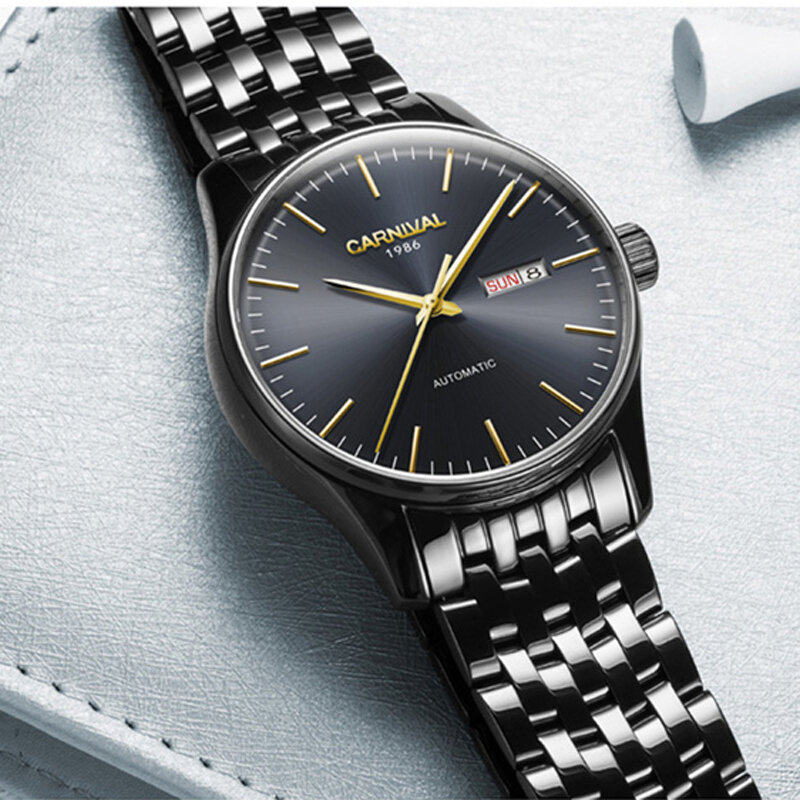 นาฬิกาข้อมือผู้ชายระบบออโตเมติกทำจากเหล็กสีดำหรูหรากันน้ำนาฬิกากลไกเล่นกีฬาวันที่
