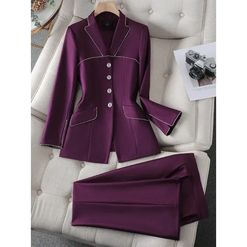 Elegant Black Green Purple Blazer And Pant Suit Formal Women Office Ladies Long Sleeve Business Work Wear 2 Piece Set