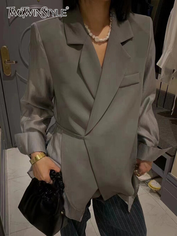 TWOTWINSTYLE-Blazer liso para mujer, chaqueta holgada de manga larga con cuello con muescas y cordones, estilo de ropa, primavera, 2022