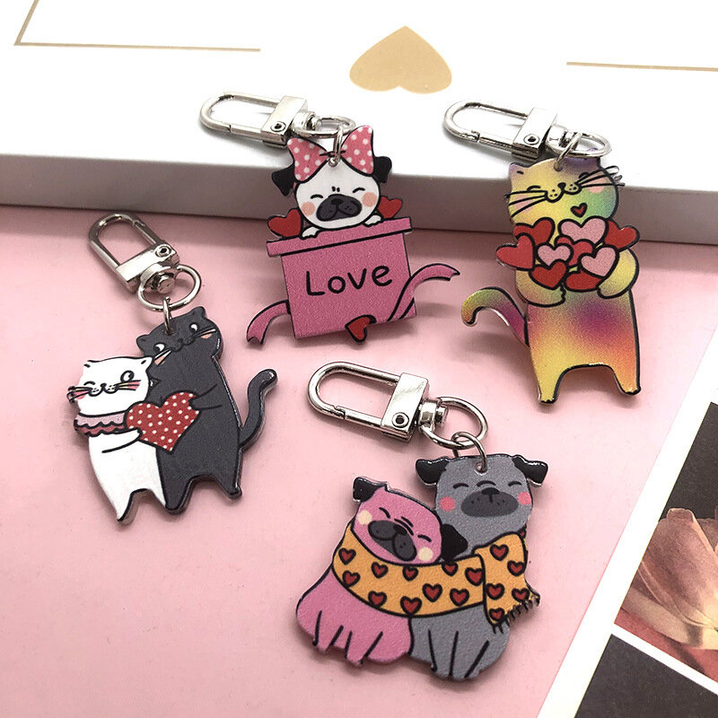 Cartoon Love Couple Cat Keychain Acrylic Kitten Butterfly Knot Puppy Keyring Couple Bag Pendant Earphone Backpack Charms Gifts