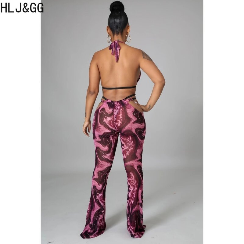 HLJ & GG 여성용 섹시한 프린트 할로우 아웃 밴디지 바디콘 투피스 세트, 딥 V 홀터 레이스업 브라 및 스키니 팬츠 의상, 보라색
