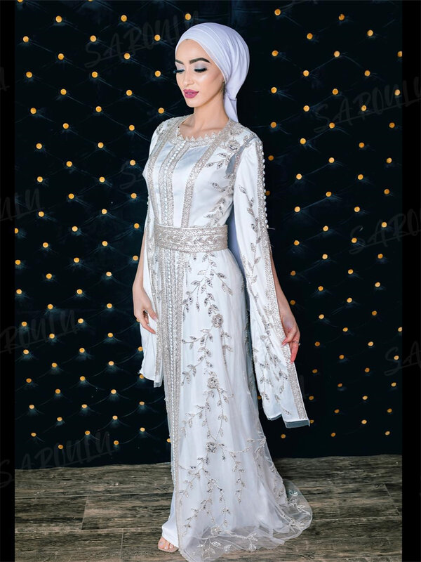 Gaun Prom Muslim panjang dengan daun applique gaun pernikahan Arab elegan kerah O lengan panjang gaun malam untuk wanita