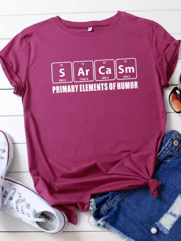 Camiseta con estampado de sarcasmo para Mujer, Camiseta holgada de manga corta con cuello redondo, elementos primarios del Humor, Tops para Mujer