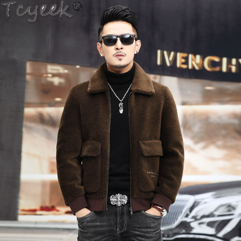Куртка Tcyeek из 100% шерсти, зимние куртки для мужчин, уличная одежда 2023, модные мужские пальто с овчиной, приталенное шерстяное пальто, короткое стильное