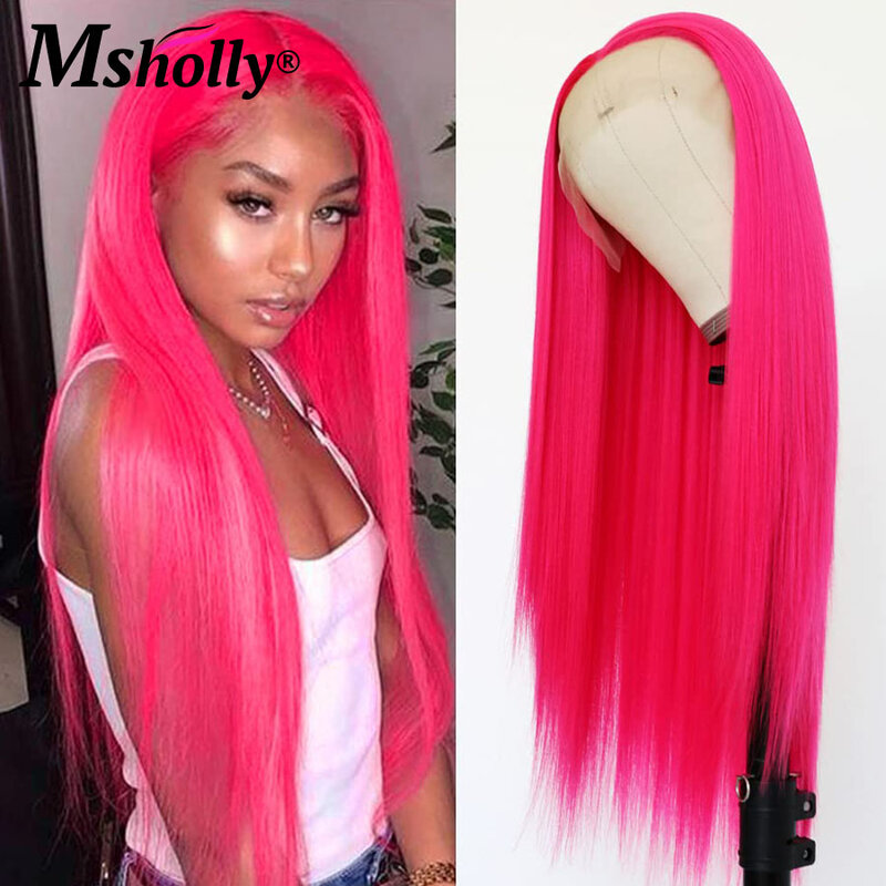 Peluca de cabello humano liso con encaje frontal para mujer, de color rosa sin pegamento postizo, línea de pelo natural prearrancada, 100%