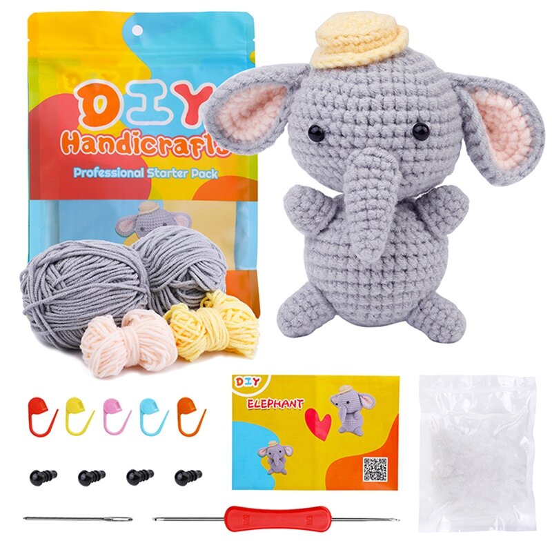 編み物糸と針、ぬいぐるみ人形、簡単で取り付けが簡単な象のかぎ針編みキット