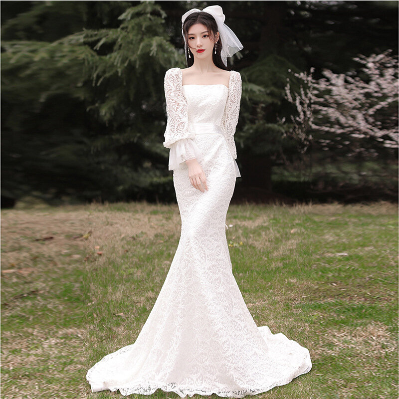 Korea Meerjungfrau Brautkleid Vintage elegante Spitze Brautkleider atember aubende Schatz Satin Bogen formelle Kleid