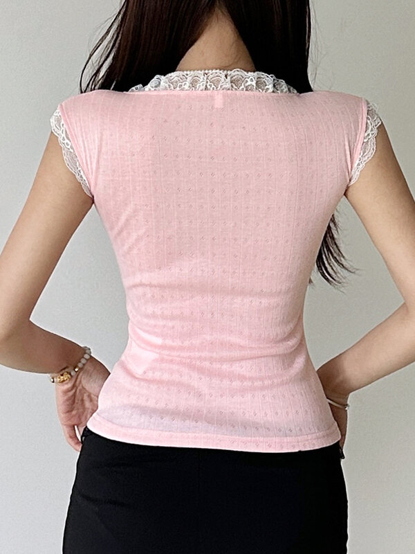 IAMSURE Sweet Basic Solid Lace Trim T Shirt Casual Patchwork Square Collar Tees Women 2024 Summer Fashion Streetwear Ladies