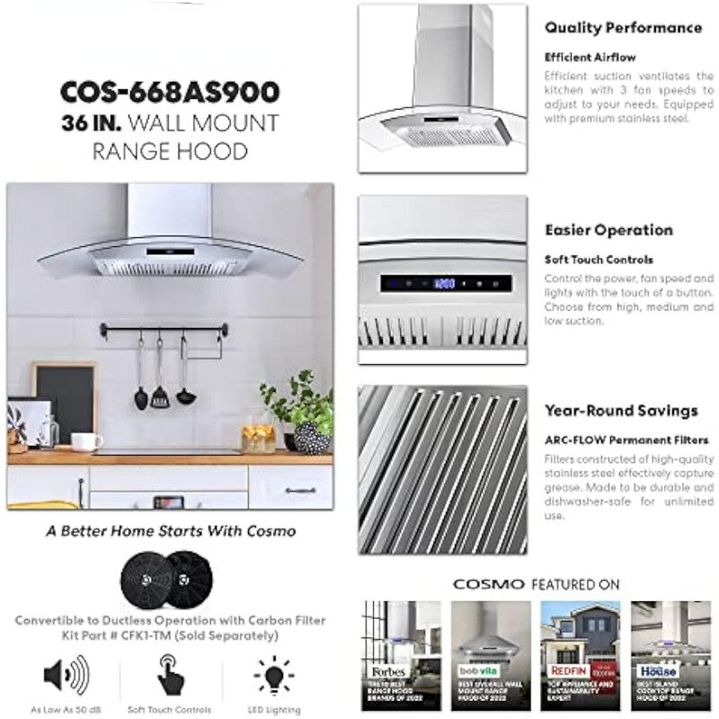 Wall Mount Range Hood, Ducted Convertible Ductless, 3 Speeds, Permanent Filters in Stainless Steel range hood for kitchen
