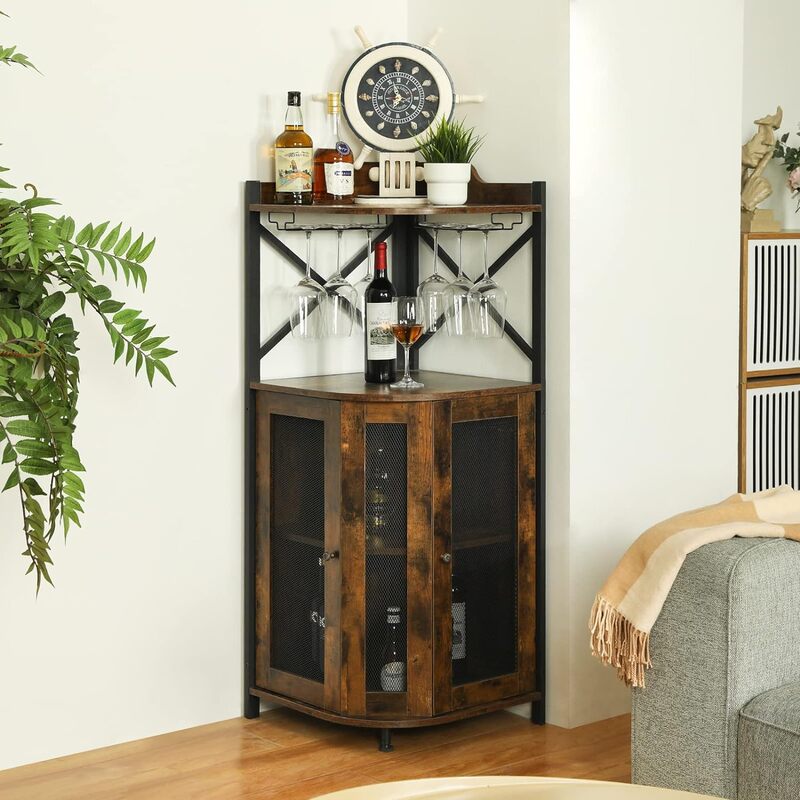 Corner Bar Cabinet with Glass Holder, Industrial Wine Cabinet with Mesh Door, Liquor Bar Cabinet with Adjustable Shelf