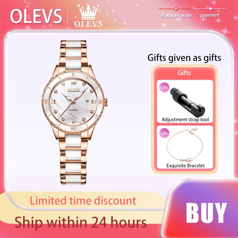 OLEVS jam tangan wanita Quartz Fritillaria, tahan air, kalender, hadiah