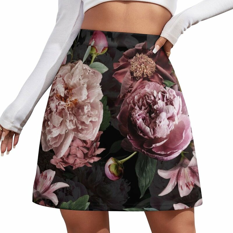 Mini saia preta peônias para mulheres, padrão flores reais, moda coreana, kawaii, verão
