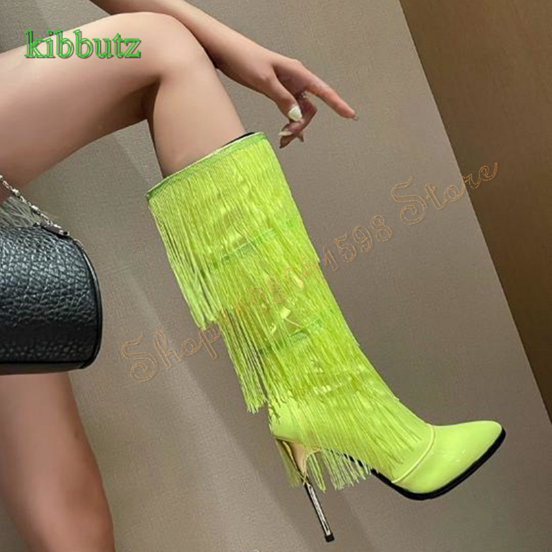 Fringed Leather Straight Boots,Pointed Toe Zippered Mid Calf Boots Thin Heel Women Shoes Plus Size 2023 New Zapatos Para Mujere