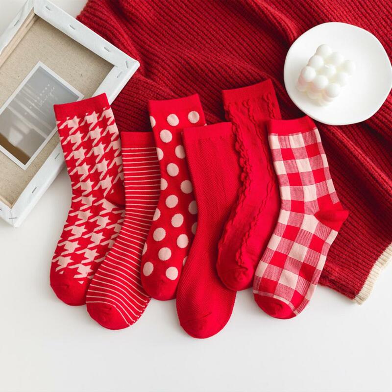 1 Pair Women's Cotton Harajuku Red Color Retro Loose Socks Plaid Striped Socks Autumn Winter New Year Comfortable Long Socks