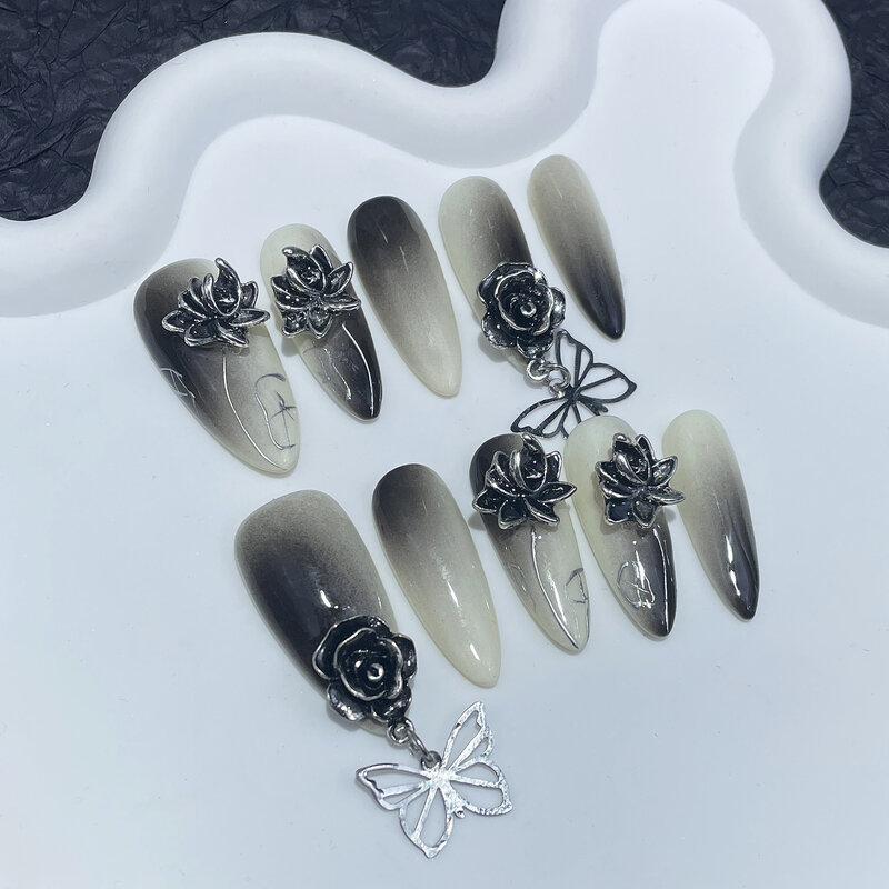 10Pcs Black Handmade Press On Nails Full Cover Long Almond Flowers Design False Nails Wearable Artificial Manicure Nail Tips Art