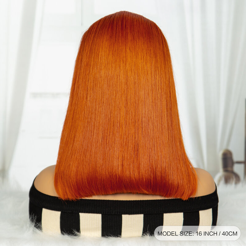 Peluca femenina de cabello humano liso con encaje Frontal transparente, pelo corto brasileño Remy, color naranja jengibre, 13x4, 350