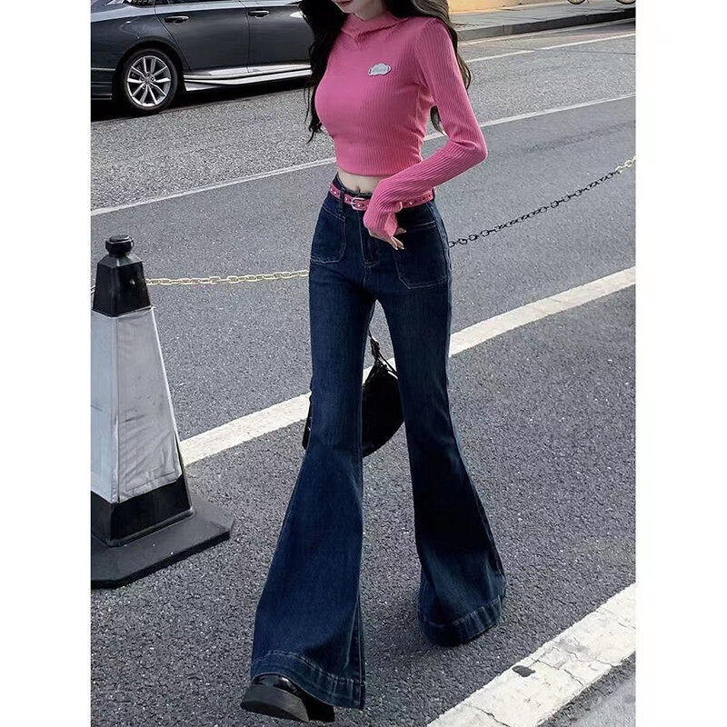 กางเกงยีนส์ขาบานเอวสูงสำหรับผู้หญิง MODE Korea Y2k แนวสตรีทสวมใส่สบายกางเกงขายาวผ้ายีนส์ฤดูใบไม้ผลิ2023ฤดูใบไม้ร่วง
