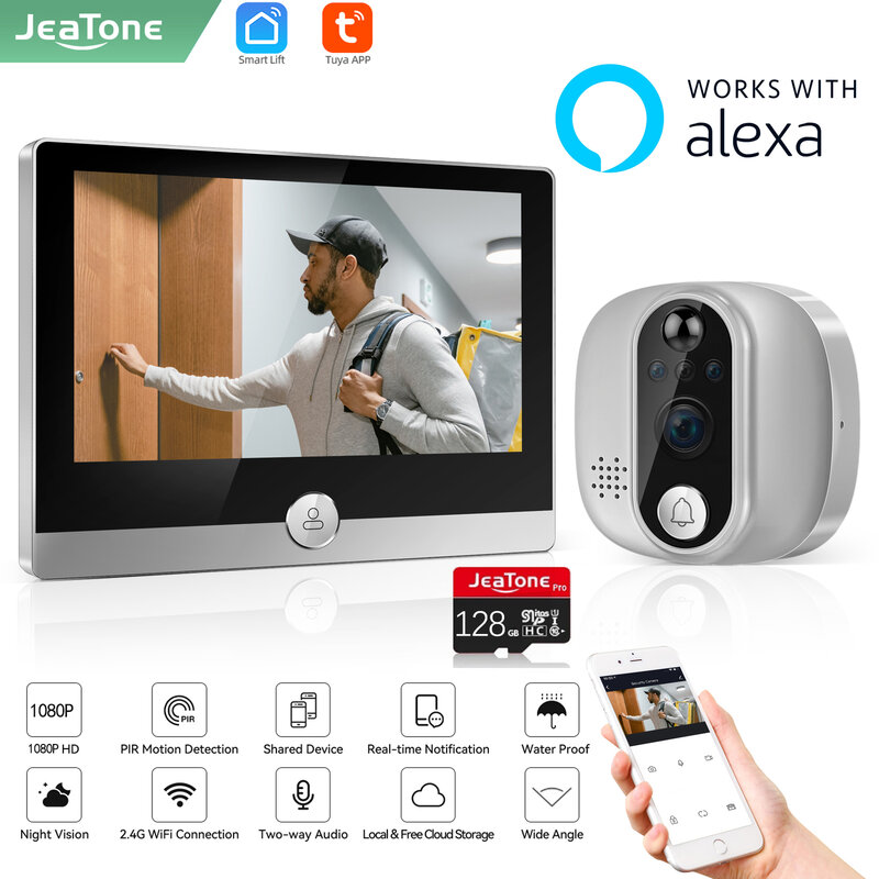 Jeatone Alexa Tuya kamera intip Video WiFi, kamera bel pintu 1080P/158 ° untuk rumah 4.3 "layar LCD 24H PIR deteksi gerakan mata