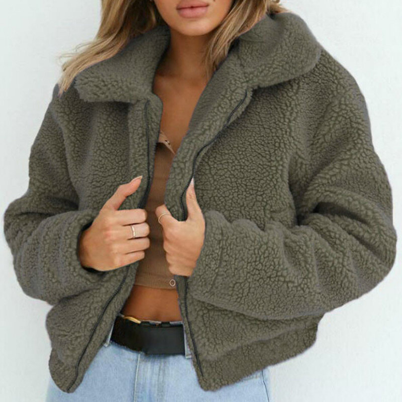 Jesienne i zimowe eleganckie krótkie damskie płaszcz ze sztucznego futra 2023 nowe ciepłe, miękkie luźne płaszcz z suwakiem kurtka damska