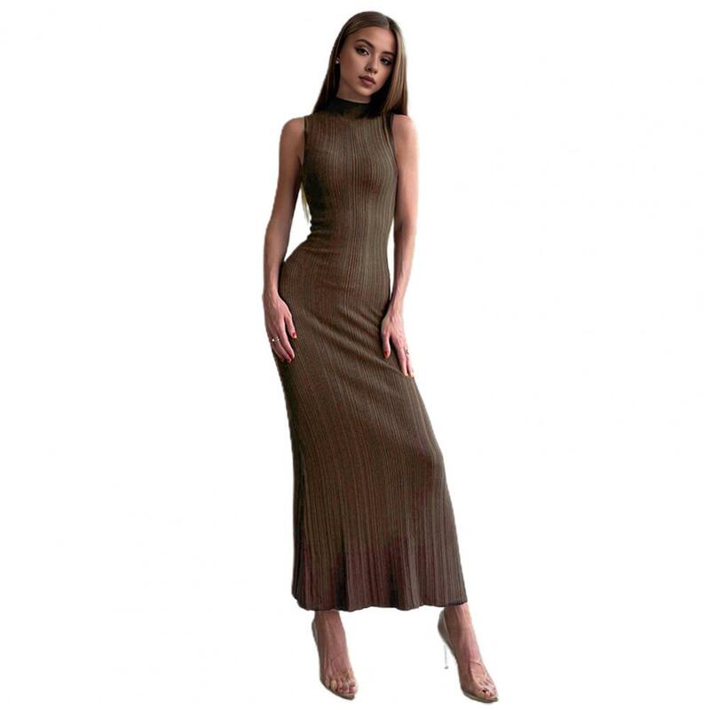Slim Fit Women Dress Elegant Maxi Dress for Women Solid Color High Collar Knitted Off Shoulder Dress for Club Party Date Nights