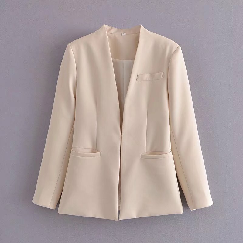 Women 2023 New Fashion Collarless Blazer Coat Vintage Long Sleeve Slim cut multicoloured Female Outerwear Chic