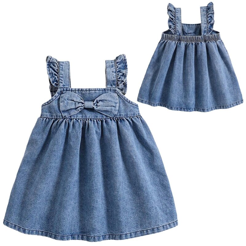 Baby Girls Denim Suspenders Dress for Summer Girl Bow Knot Soft Square Collar Flying Sleeve Casual A-line Dress Overall Dress