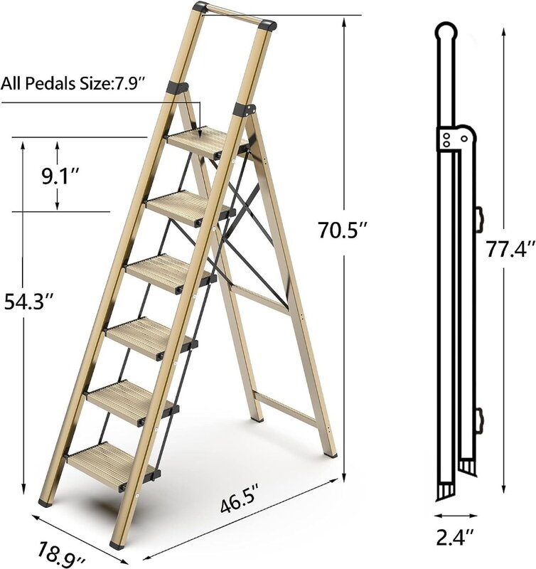 GameGem 6-ступенчатая лестница, алюминиевый складной ступенчатый стул с противоскользящей прочной и широкой педалью, портативный легкий ступенчатый стул с