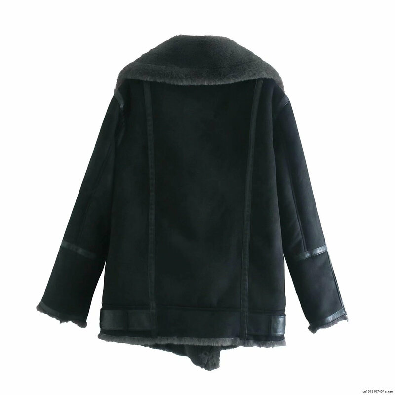 Chaquetas de terciopelo para mujer, abrigos de piel sintética con cremallera empalmada, cuello levantado, chaqueta holgada de cuero cálido para nieve con cinturón