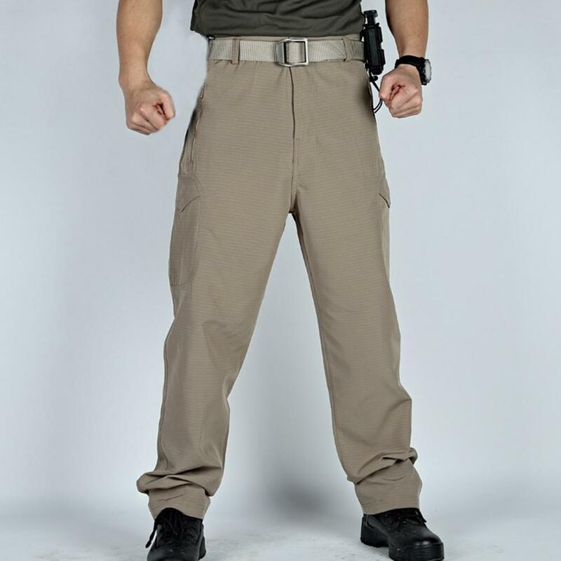 Men Cargo Pants Mid-rise Button Zipper Fly Outdoor Casual Pants Pockets Wide Leg Quick Drying Sport Long Trousers for Loose Fit