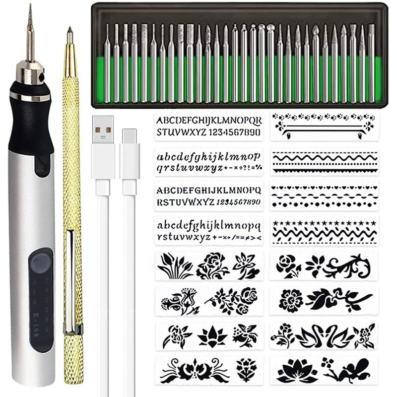 Recarregável Cordless Mini Gravador Pen, DIY gravura Kit Ferramenta para Metal Vidro Cerâmica Plástico Madeira Jóias, Stencils B