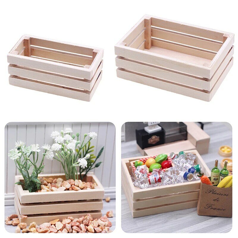 Mini cesta de almacenamiento de madera para casa de muñecas, accesorios de decoración para el hogar, comida en miniatura, frutas y verduras, 1:12