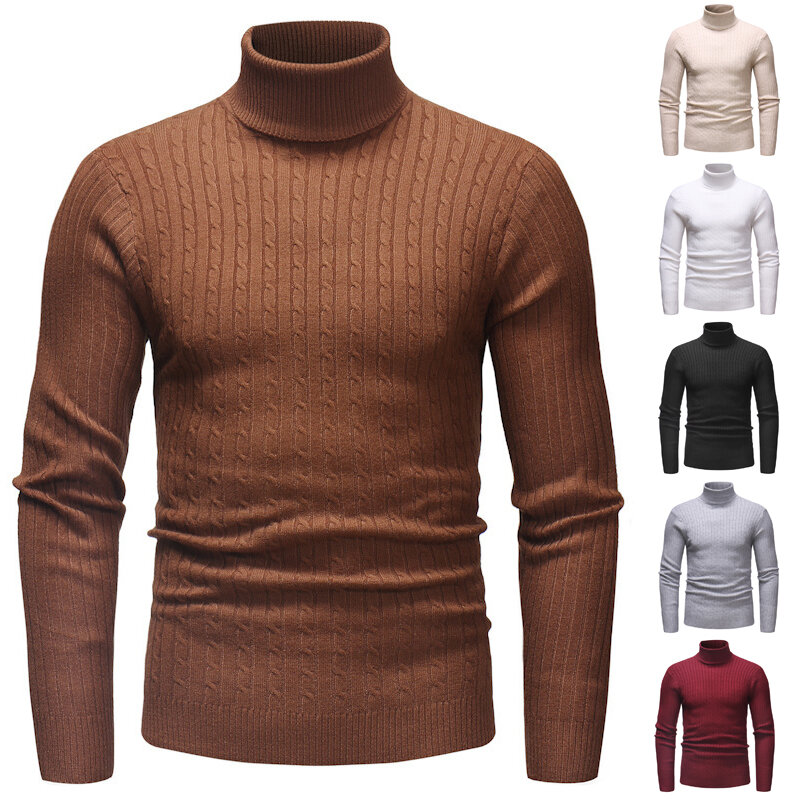 Suéter listrado de gola alta monocromático masculino, pulôver casual quente, novo, outono e inverno, 14 cores
