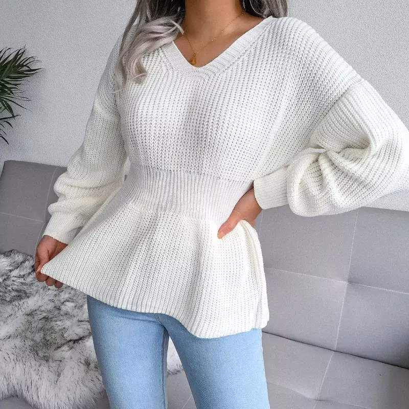 V-neck Women's Sweater Autumn and Winter Warmth Pullover Lantern Sleeves Waist Hem Ruffled Fashion Casual Knitted Sweater Top