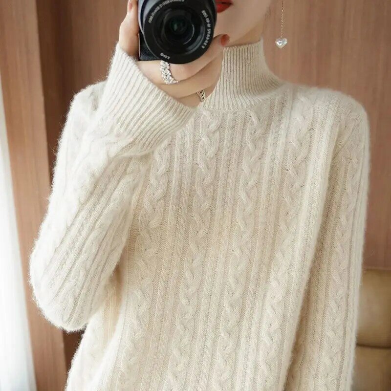 Pull chaud et ample en laine pour Femme, vêtement décontracté, coupe ample, automne-hiver, col montant, style coréen, W05