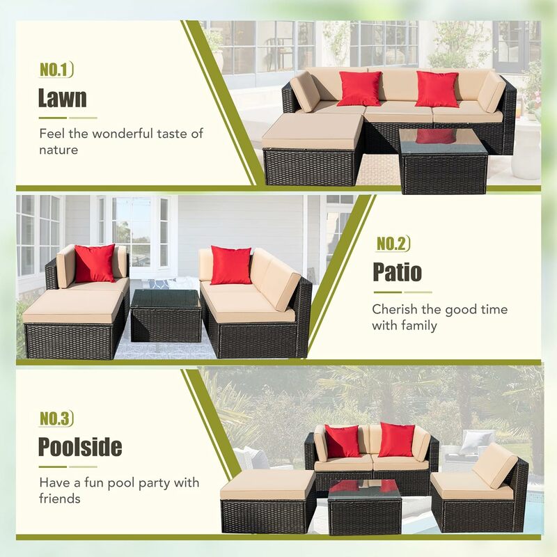 Set percakapan teras perabotan rotan anyaman Sofa luar ruangan dengan bantal, bantal & meja kaca untuk teras, rumput dan halaman
