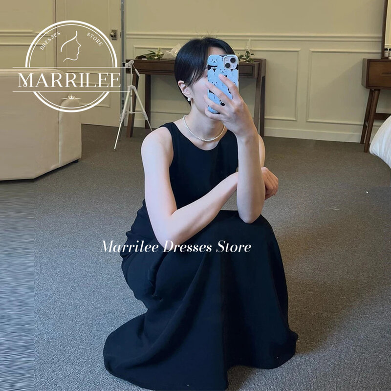Marrilee-Vestidos de noite sereia, preto simples, gola O, sem mangas, até o chão, cintas, vestido de festa, elegante, 2024