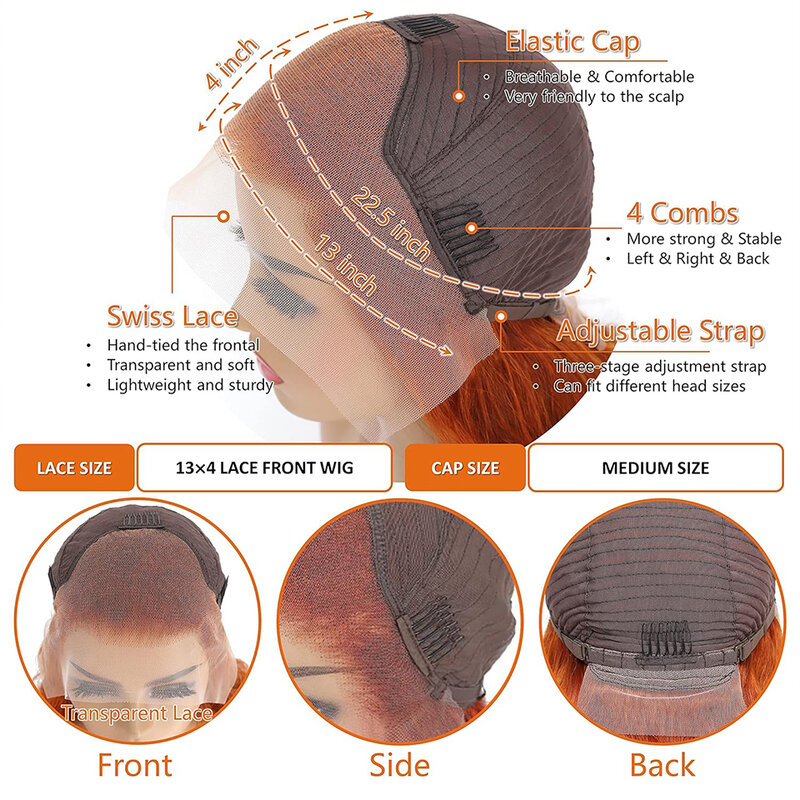 Wig renda depan gelombang tubuh Wig oranye jahe rambut manusia 13X4 HD Wig frontal renda rambut manusia telah ditanami dengan Wig rambut bayi