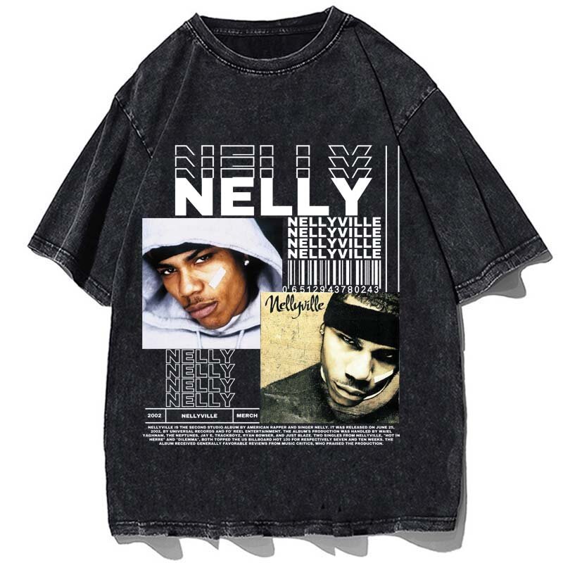 Nelly เสื้อยืดย้อนยุคแร็ปเปอร์, เสื้อยืดโอเวอร์ไซส์ฮิปฮอปผ้าฝ้ายวินเทจเสื้อกางเกงขาสั้นผู้ชายลำลองในฤดูร้อนแบบแฟชั่นเสื้อยืดสตรีท