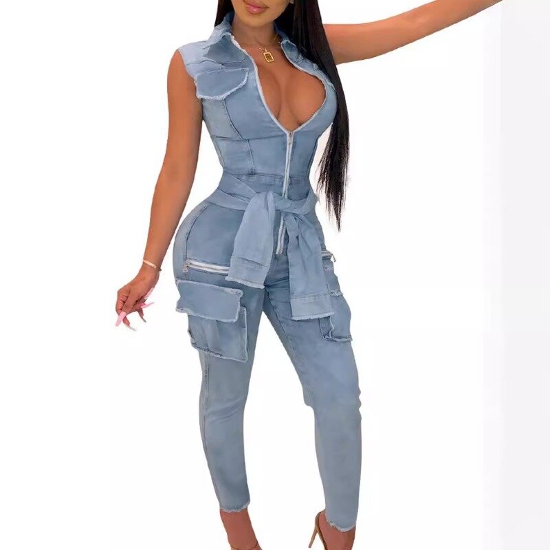 Lace Up Waist Women Denim Cargo Jumpsuit Turn Down Collar Sleeveless Zip-up 3D Pockets High Stretch Jeans Overalls Casual Romper