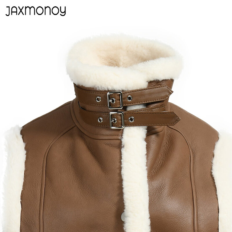 Jaxmonoy 여성용 진짜 시어링 조끼, 양가죽 조끼, 2022 새로운 스타일 양털 따뜻한 재킷, 단색 턴다운 칼라 조끼, 가을