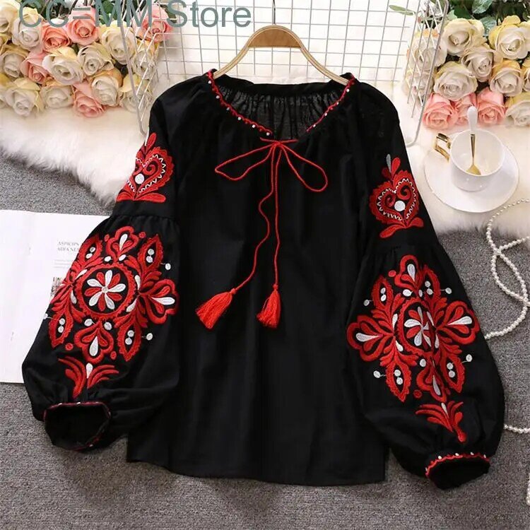 New Sweet Style Women Pullover Shirts Embroidery Patchwork Bandage V-neck Lantern Sleeve Spring Summer Blouse