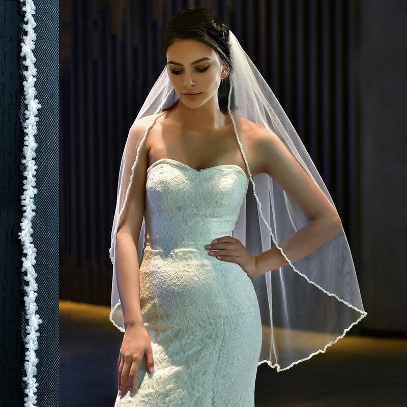 حجاب زفاف بحافة مطرز بطبقة واحدة ، حجاب زفاف بسيط ، 1 متر ، BL4059