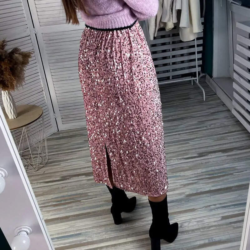 Nowe kobiety wiosna jesień elegancka błyszcząca cekinowa spódnica z wysokim stanem pani biurowa Basic Midi długa czarna różowa spódnica dla kobiet