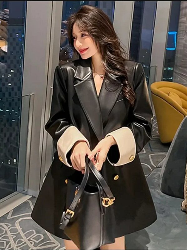 PU Leather Jacket Women Overcoat 2024 Spring Autumn New Korean Loose Casual Color-matching Oversize 4XL Leather Blazer Coat Tops