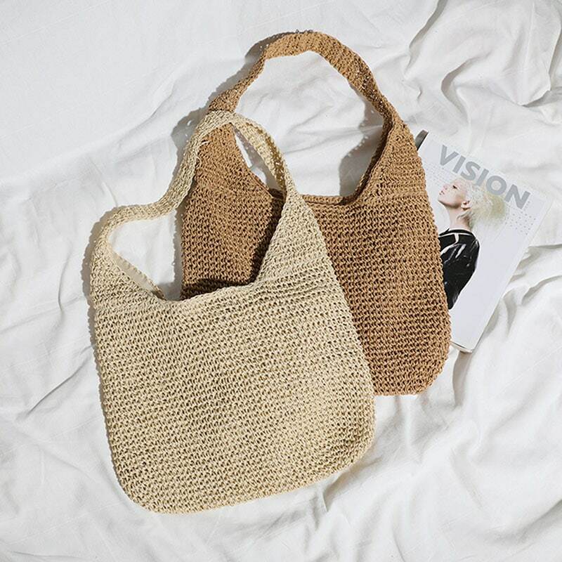 Women's Natural Handmade Straw Woven Bag Retro Top-handle Handbag Summer Beach Shoulder Bags Lightweight