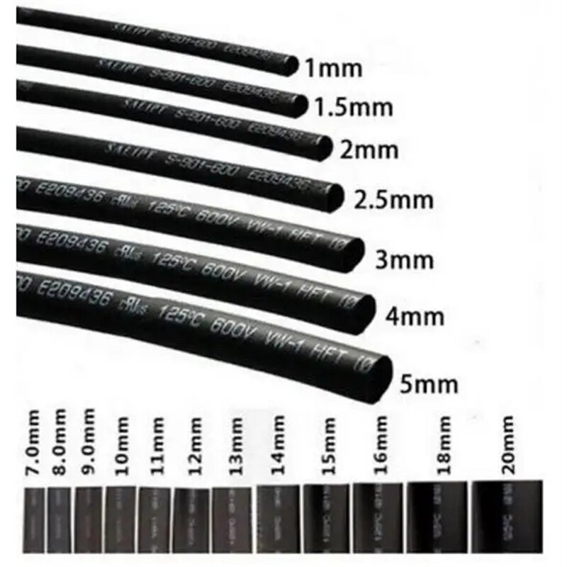 Gaine thermorétractable noire, 1mm, 2mm, 3mm, 5mm, 6mm, 8mm, 10mm de diamètre, gaine de fil ronde, vente de bricolage, réparation de connecteurs, 2:1