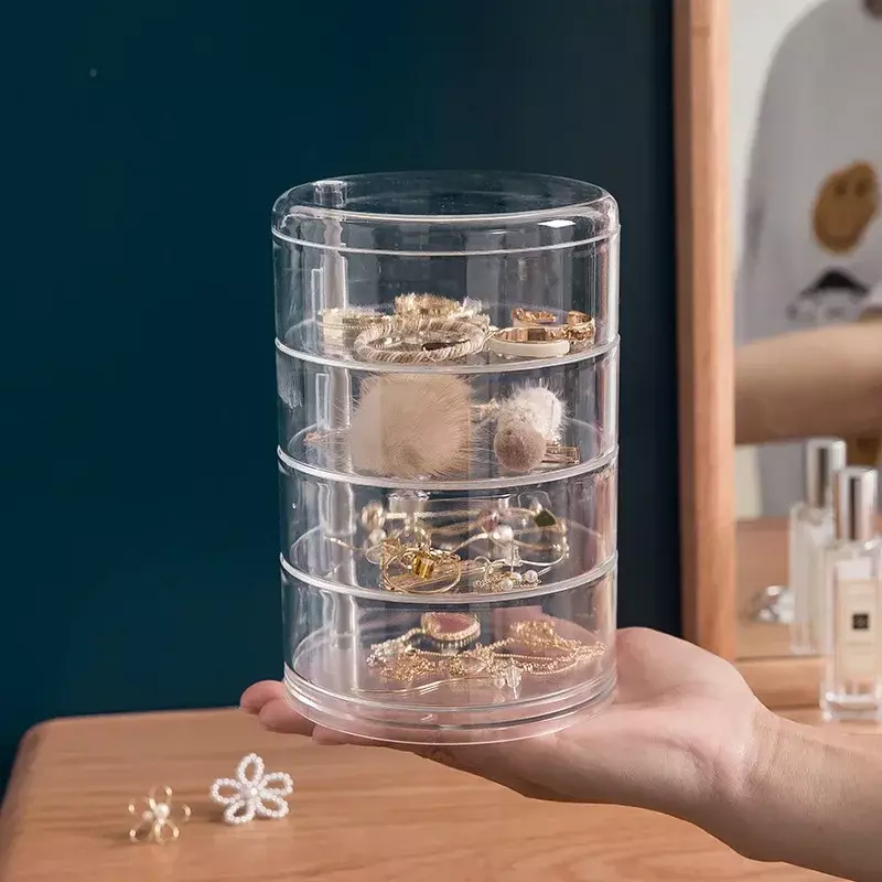 Kotak Penyimpanan Perhiasan Putar Rak Penyimpanan Makeup Gelang Anting-Anting Kotak Organizer Plastik Bulat Rak Display dengan Penutup